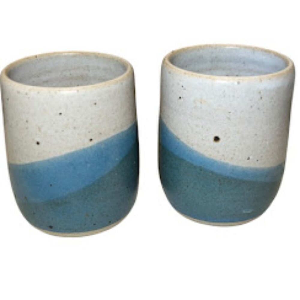 Vintage Blue & Gray Speckled Studio Pottery Cups Signed Why Not Pottery Set of 2